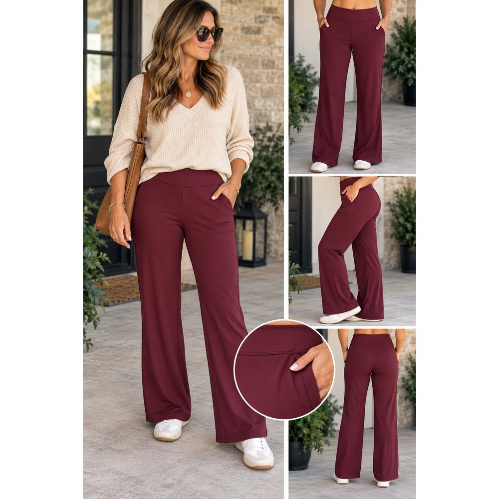 Halara Burgundy High Waisted Wide Leg Athletic Pants Zipper Pockets Sz M 30"